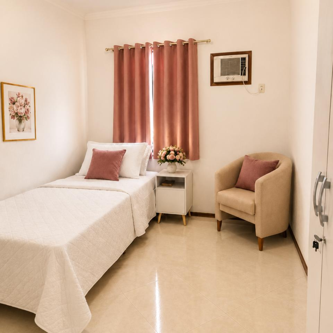 Quarto acolhedor do Residencial Casa Amada em Santa Cruz do Sul